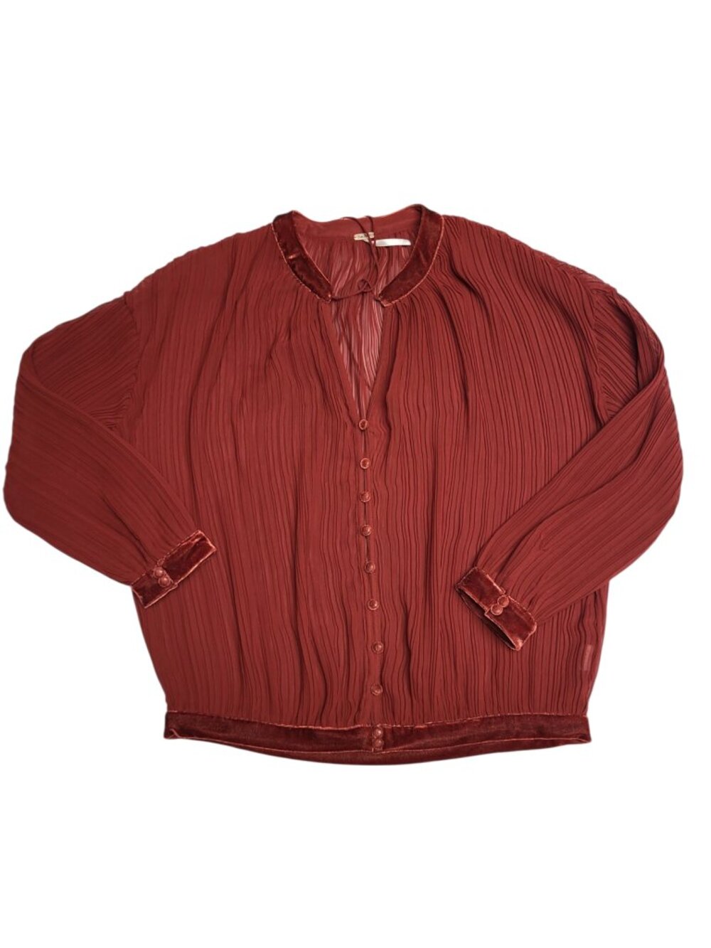 Free People Sheer Pleated Velvet Trim Long Sleeve Blouse Top Brown Size XS
